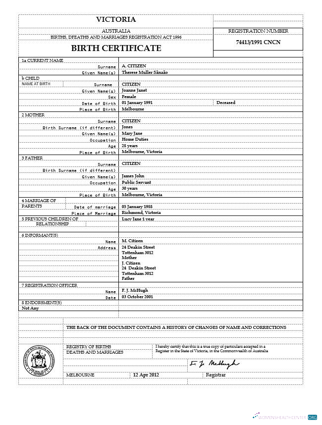 Download Australia Victoria birth certificate template in Word format, version 2 Photoshop template